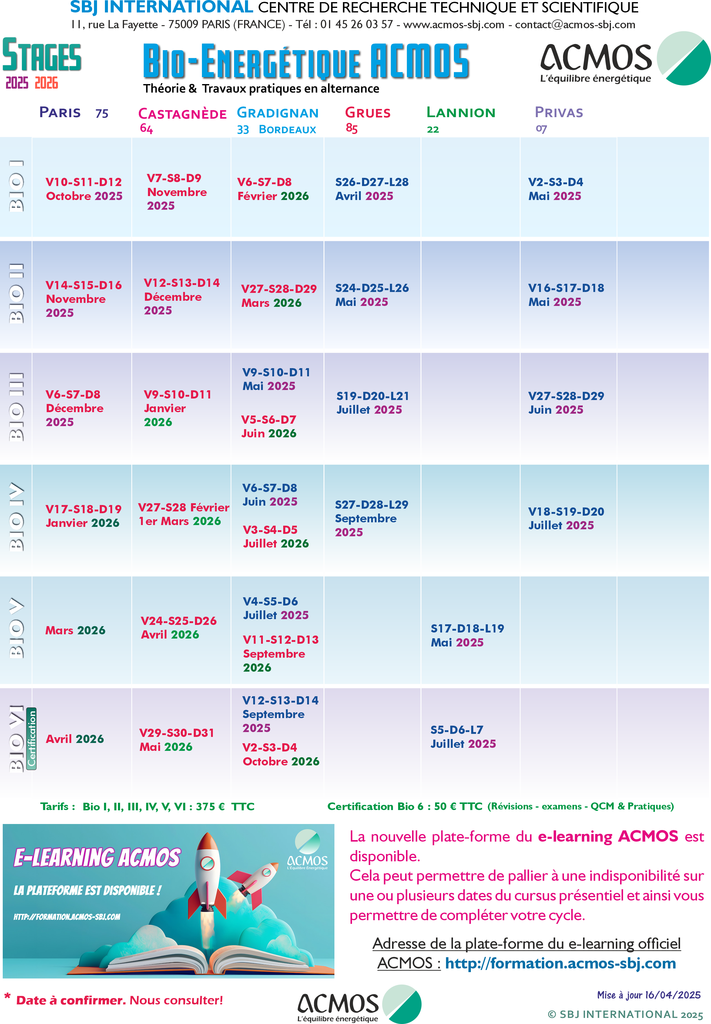 Calendrier des stages ACMOS 2024/2025